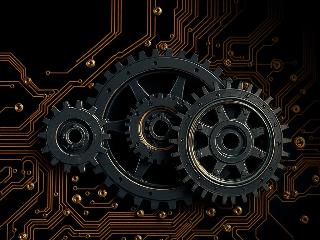 Industrial abstract mechanical gears and gold circuits, high