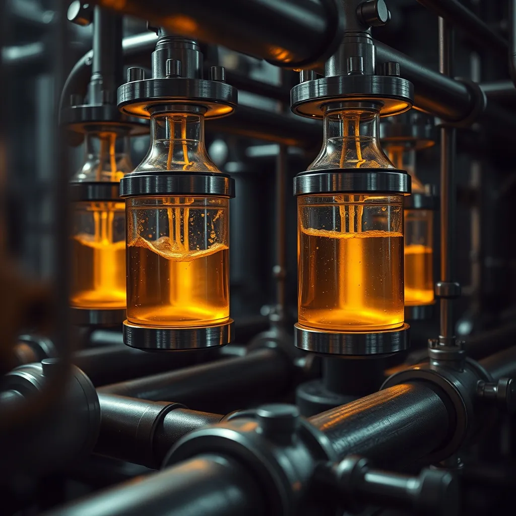 Industrial machinery pipes with golden liquid flowing throug