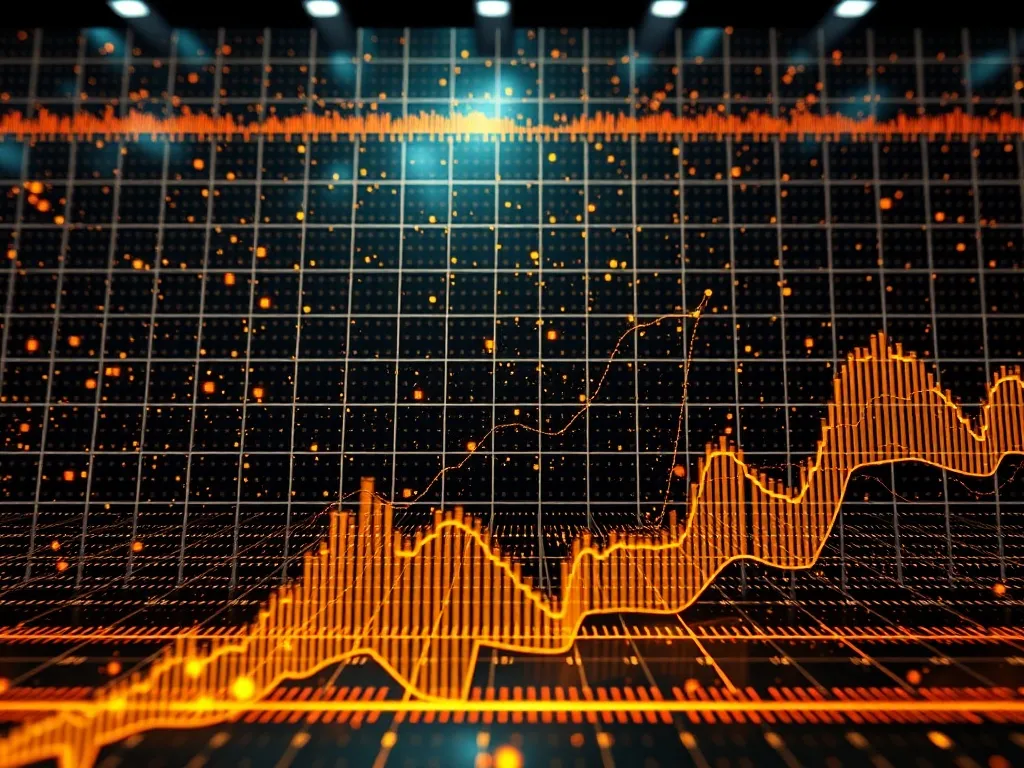 A high-tech digital grid with golden data streams and dark m